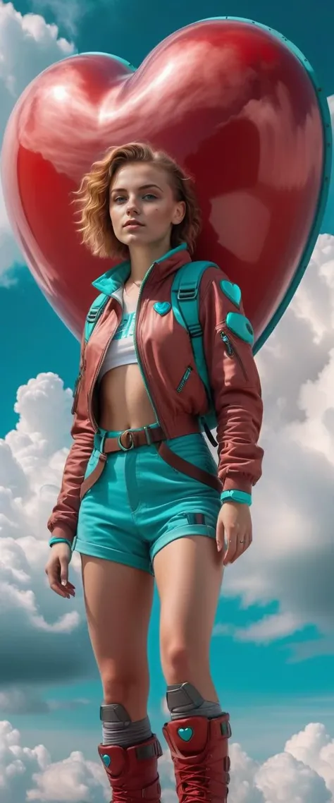 a Professional Explorer 23-year-old Polish girl is standing inside a heart shaped cloud, in the style of photorealistic, cyberpunk manga, portraits, 32k uhd, Cinnamon Spice Red and Turquoise Teal,