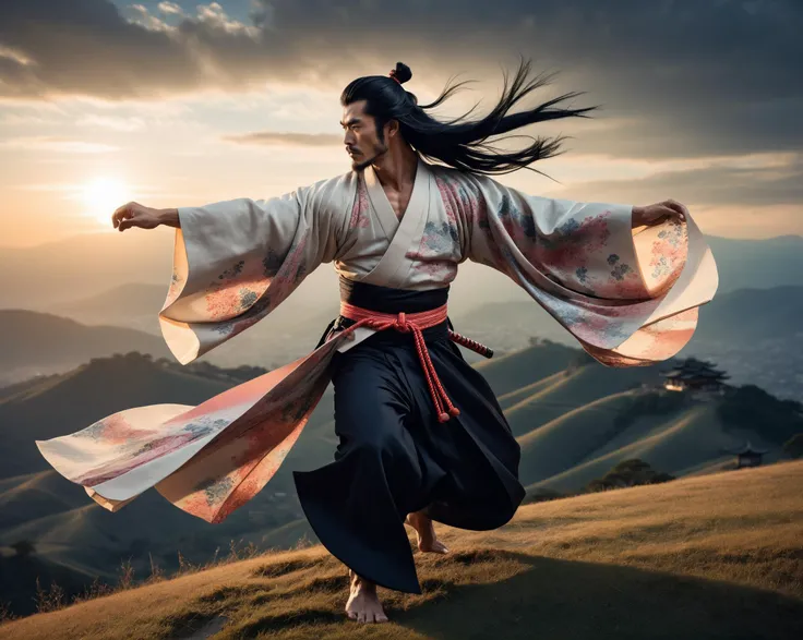 photo of a stunning man samurai dressed in dressed in kimono with long black hair, footless, on top of a hill, windy, dawn, looking intently at the sunrise with pleasure, swirling fluid fabric, extremely dynamic pose, natural pose, intricate detail, dramatic lighting, style of Alberto Seveso, side view, <lora:add-detail-xl:2>, on the frame