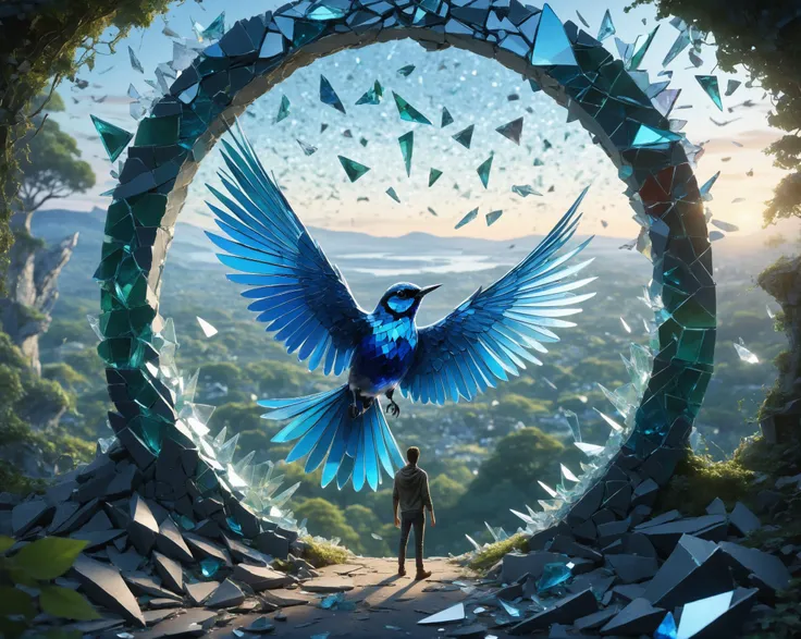 Made_of_pieces_broken_glass solo bird,shards, <lora:Made_of_pieces_broken_glass-000001:0.5>, epic insane detailed photo Early morning, sunrise, a picturesque fairy-tale area, a portal to another world standing on a hilltop framed by shards of broken glass, focus on the portal. Through the portal, you can see a dark night forest and a man walking away into the distance, vibrant colors
