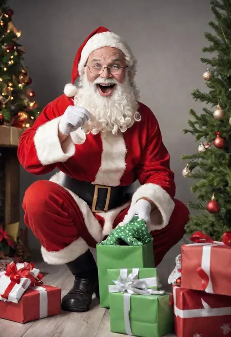 Photo of a happy Santa Claus opening a present and find some socks, Christmas Trees and Mistletoe decorations.