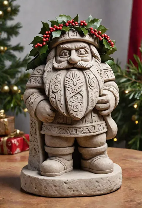 Santa Claus Aztec Stone Sculpture, decorated with mistletoe