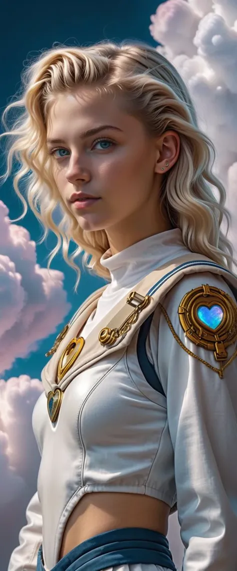 a Long-Distance Sailor 23-year-old Dutch girl is standing inside a heart shaped cloud, in the style of photorealistic, cyberpunk manga, portraits, 32k uhd, Rooted Blonde Blonde Ends and Moonstone Iridescent,