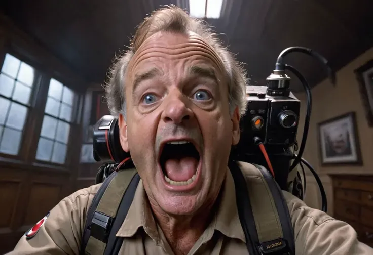 fish-eye close up portrait, Bill Murray Ghostbusters screaming, backpack with electronics and logo, hands up, hyperrealism, intricate, masterpiece, 8k, sharp, high detail, Dramatic light, shadow, contrast, background haunted house,brown eyes,