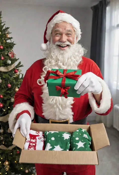 Photo of a happy Santa Claus holding a pair of socks, open boxes, wrappings all round, Christmas Trees and Mistletoe decorations.