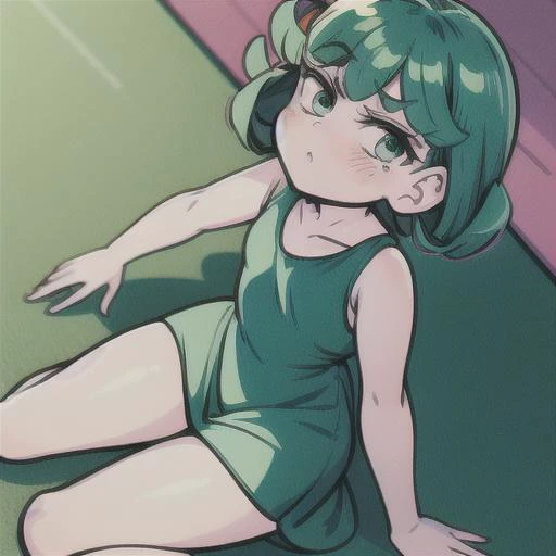 1girl 2023 blush breasts curly_hair dress eating food high_heels looking_at_viewer looking_up pelvic_curtain popsicle short_hair sitting small_breasts solo thick_thighs thighs dark_green_dress green_hair green_eyes <lora:TORNADO:1.2><lora:StarButterfly_v1.1:1.0>