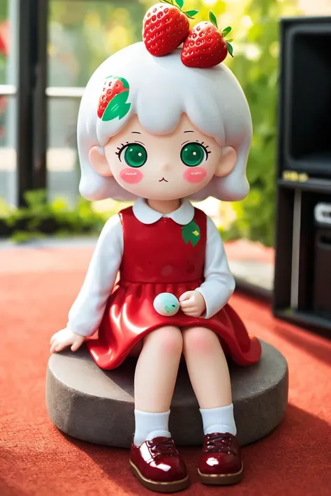 blindbox, 1girl, solo, sitting, strawberry, blurry background, blush stickers, red dress, shoes, <lora:cute_blindbox_v11:0.5>