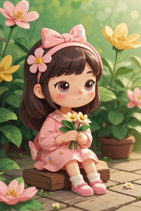 <lora:cute_blindbox_v2:0.3>,blindbox,1girl,solo,sitting,flower,blurry background,blush stickers,holding flower,