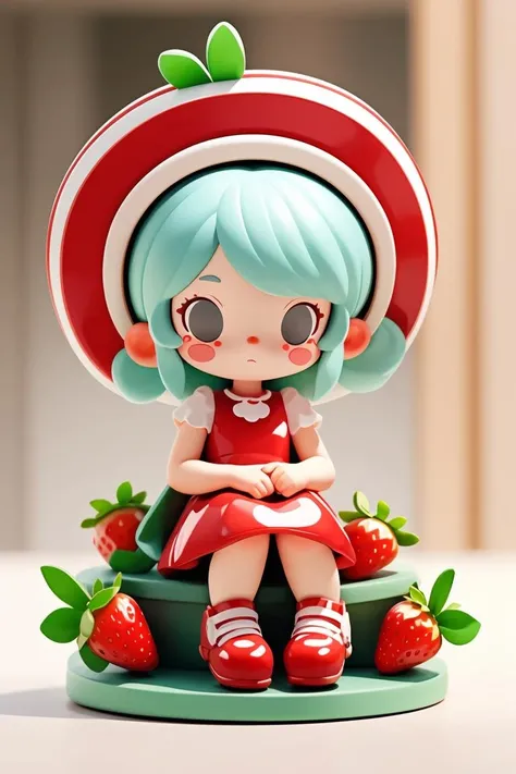 <lora:cute_blindbox_v2:0.4>,blindbox, 1girl, solo, sitting, strawberry, blurry background, blush stickers, red dress, shoes