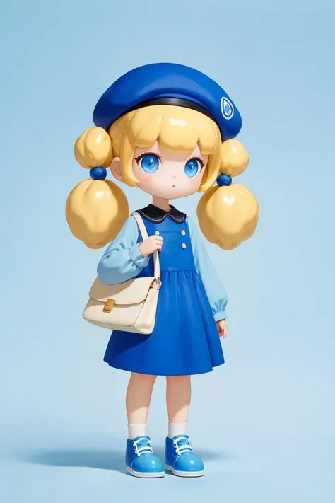 <lora:cute_blindbox_v2:0.4>,blindbox, 1girl, solo, blonde hair, long sleeves, hat, dress, twintails, standing, full body, food, shoes, bag, black eyes, low twintails, beret, blue dress, light blue background, blue footwear, blue headwear, blueberry