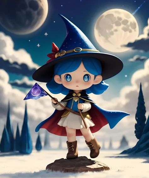 blindbox, masterpiece, best quality, ultra-detailed, illustration, 1girl, solo, fantasy, flying, night sky, outdoors, magic, spells, moon, stars, clouds, wind, hair, cape, hat, boots,glowing, mysterious, enchanting, whimsical, playful, adventurous, freedom, wonder, imagination, determination, skill, speed, movement, energy, realism, naturalistic, figurative, representational, beauty, fantasy culture, mythology, fairy tales, folklore, legends, witches, wizards, magical creatures, fantasy worlds, composition, scale, foreground, middle ground, background, perspective, light, color, texture, detail, beauty, wonder.
<lora:cute_blindbox_v2:0.6>