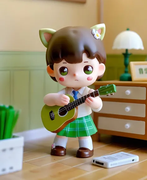 blindbox, 1girl, solo, short hair, skirt, brown hair, animal ears, flower, necktie, indoors, green skirt, instrument, guitar,
<lora:cute_blindbox_v11:0.7>