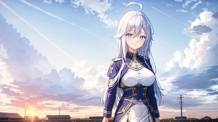 (masterpiece, best quality:1.2),
1girl,Vladilena,lenaface,white thighhighs, garter straps, blue eyes, breasts, sky, looking at viewer, white hair,outdoors, boots, military, blue jacket, cloud, medium breasts, long sleeves, jacket, military uniform,antenna hair, hair between eyes, closed mouth, looking at viewer, portrait, ahoge, expressionless, bangs, white hair,
golden hour, glowing sky, warm sunrays, amber hues, serene atmosphere, railroad tracks stretching into the distance, vanishing point, aged wooden ties, rusted metal rails, gentle breeze, rhythmic clacking of a distant train, silhouettes of trees, tall grasses swaying, nostalgic ambiance, quiet contemplation, connection between past and present, timeless beauty,
<lora:VladilenaMilize_v2.7-000013:0.7>