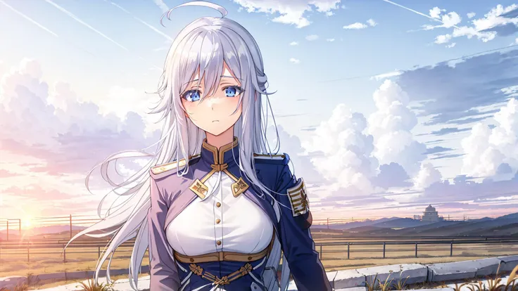 (masterpiece, best quality:1.2),
1girl,Vladilena,lenaface,white thighhighs, garter straps, blue eyes, breasts, sky, looking at viewer, white hair,outdoors, boots, military, blue jacket, cloud, medium breasts, long sleeves, jacket, military uniform,antenna hair, hair between eyes, closed mouth, looking at viewer, portrait, ahoge, expressionless, bangs, white hair,
golden hour, glowing sky, warm sunrays, amber hues, serene atmosphere, railroad tracks stretching into the distance, vanishing point, aged wooden ties, rusted metal rails, gentle breeze, rhythmic clacking of a distant train, silhouettes of trees, tall grasses swaying, nostalgic ambiance, quiet contemplation, connection between past and present, timeless beauty,
<lora:VladilenaMilize_v2.7-000013:0.7>
