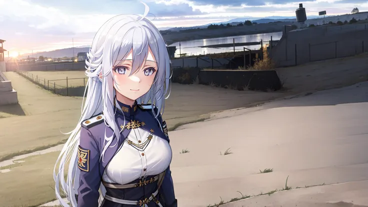 (masterpiece, best quality:1.2), highres,
(1girl),Vladilena,lenaface,white thighhighs, garter straps, grey eyes, breasts, sky, looking at viewer, white hair,outdoors, boots, military, blue jacket, cloud, medium breasts, long sleeves, jacket, military uniform,antenna hair, hair between eyes, closed mouth, looking at viewer, portrait, ahoge, light smile, bangs, white hair,
golden hour, glowing sky, warm sunrays, amber hues, serene atmosphere, vanishing point, aged wooden ties, rusted metal rails, gentle breeze, rhythmic clacking of a distant train, silhouettes of trees, tall grasses swaying, nostalgic ambiance, quiet contemplation, connection between past and present, timeless beauty,
<lora:VladilenaMilize_v2.7-000013:0.7>
