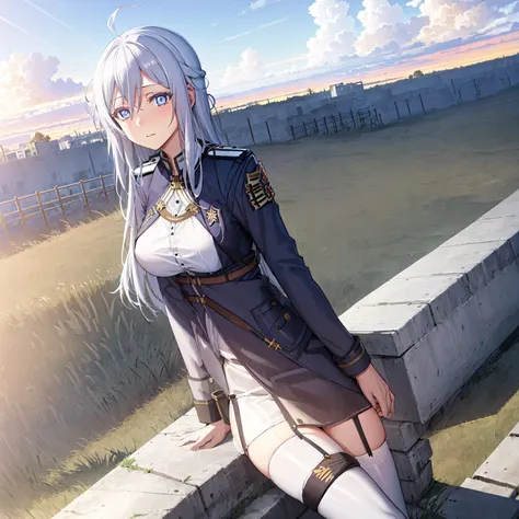 (masterpiece, best quality:1.2), highres,
1girl,Vladilena,lenaface,white thighhighs, garter straps, garter belts, blue eyes, breasts, sky, looking at viewer, white hair,outdoors, boots, military, blue jacket, cloud, medium breasts, long sleeves, jacket, military uniform,antenna hair, hair between eyes, closed mouth, looking at viewer, portrait, ahoge, expressionless, bangs, white hair,
golden hour, glowing sky, warm sunrays, amber hues, serene atmosphere, railroad tracks stretching into the distance, vanishing point, aged wooden ties, rusted metal rails, gentle breeze, rhythmic clacking of a distant train, silhouettes of trees, tall grasses swaying, nostalgic ambiance, quiet contemplation, connection between past and present, timeless beauty,
<lora:VladilenaMilize_v2.7-000013:0.7>