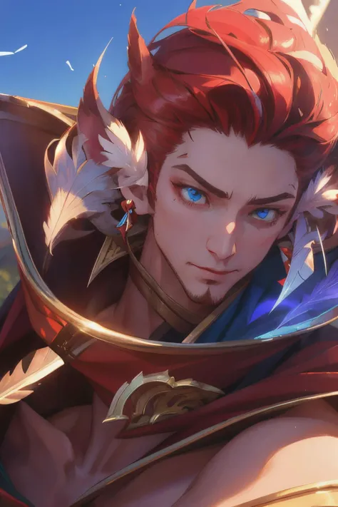 rakan, 1 boy, white red hair, red cape, feather, man focus, League of Legends, rakan\(League of Legends\), blue eyes, white facial hair, white beard, (hair cover ears, feather ears:1.4), <lora:20231118-1700314626865-0002:0.9>, depth of the field, (best quality:1.3), ultra detailed, masterpiece, 8k, (extremely detailed:1.2), perfect shadow effect, solo, rich description of the face, full features, highres, perfect shadow effect, side lighting, full body, dynamic