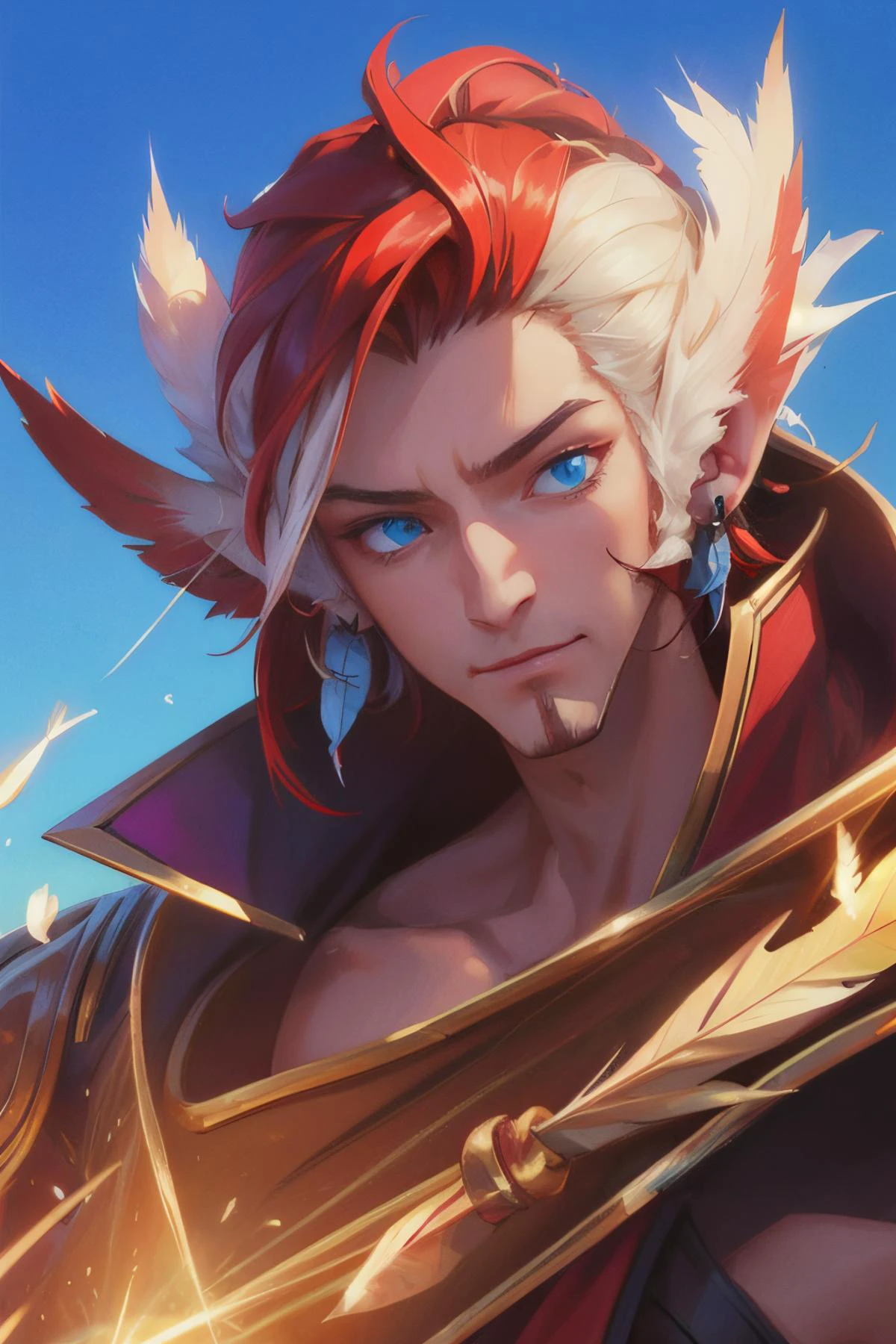 rakan, 1 boy, white red hair, red cape, feather, man focus, League of Legends, rakan\(League of Legends\), blue eyes, white facial hair, white beard, (hair cover ears, feather ears:1.4), <lora:20231118-1700314626865-0002:0.9>, depth of the field, (best quality:1.3), ultra detailed, masterpiece, 8k, (extremely detailed:1.2), perfect shadow effect, solo, rich description of the face, full features, highres, perfect shadow effect, side lighting, full body, dynamic