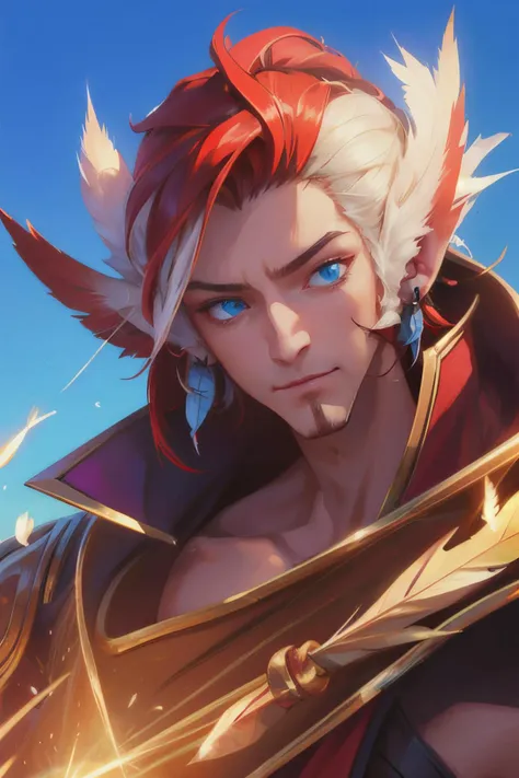 rakan, 1 boy, white red  hair, red cape, feather,  man focus, League of Legends, rakan\(League of Legends\), blue eyes,  white facial hair, white beard,  (hair cover ears, feather ears:1.4),  <lora:20231118-1700314626865-0002:0.9>, depth of the field, (best quality:1.3), ultra detailed, masterpiece, 8k, (extremely detailed:1.2), perfect shadow effect, solo, rich description of the face, full features, highres, perfect shadow effect, side lighting, full body, dynamic