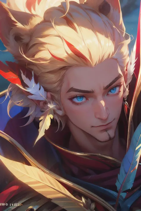 rakan, 1 boy, white red  hair, red cape, feather,  man focus, League of Legends, rakan\(League of Legends\), blue eyes,  white facial hair, white beard,  (hair cover ears, feather ears:1.4),  <lora:20231118-1700314626865-0002:0.9>, depth of the field, (best quality:1.3), ultra detailed, masterpiece, 8k, (extremely detailed:1.2), perfect shadow effect, solo, rich description of the face, full features, highres, perfect shadow effect, side lighting,