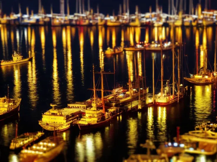 a tilt-shift photograph of ships in the harbor at night time, photo taken at night, cinematic still, shipping docks, nighttime scene, background blurred, CHV3STilt, <lyco:Tilt Shift LoHa:1.0>, perfect composition, Professional, masterpiece, commissioned, best quality, Color Corrected, fixed in post, emended, ameliorated, idyllic