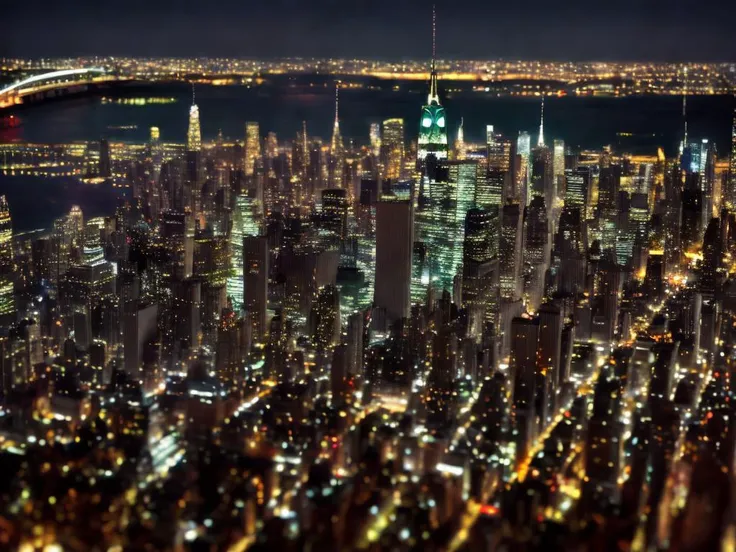 a tilt-shift photograph of an aerial view of a city at night with lights, new york city, city scape, brooklyn background, beautiful city, manhattan, high resolution, illuminating the area, CHV3STilt, <lyco:Tilt Shift LoHa:1.0>, perfect composition, Professional, masterpiece, commissioned, best quality, Color Corrected, fixed in post, emended, ameliorated, idyllic