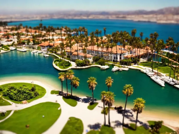 a tilt-shift photograph of an aerial view of a lake with palm trees in the foreground, cinestill 800t 18mm, drone view of a beautiful city, tilt shift lens, los angeles, overhead shot, CHV3STilt, <lyco:Tilt Shift LoHa:1.0>, perfect composition, Professional, masterpiece, commissioned, best quality, Color Corrected, fixed in post, emended, ameliorated, idyllic