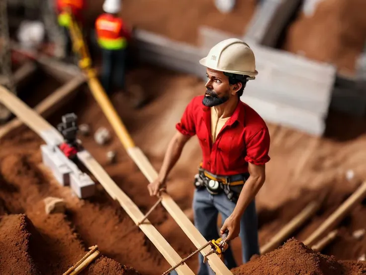 a tilt-shift aerial photograph of a man in a red shirt working construction, miniature photography, construction yard, high angle shot, 28mm dramatic photo, micro art, CHV3STilt, <lyco:Tilt Shift LoHa:1.0>, perfect composition, Professional, masterpiece, commissioned, best quality, Color Corrected, fixed in post, emended, ameliorated, idyllic