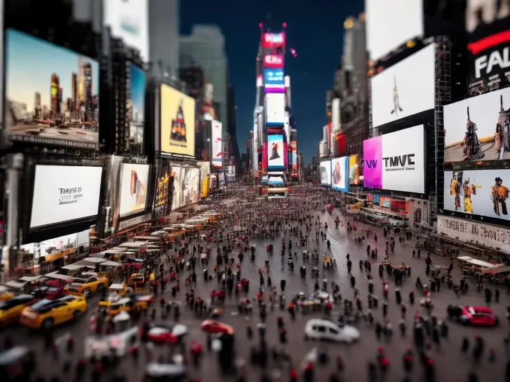 a tilt-shift photograph of an aerial view of times square, cinematic medium shot, CHV3STilt, <lyco:Tilt Shift LoHa:1.0>, perfect composition, Professional, masterpiece, commissioned, best quality, Color Corrected, fixed in post, emended, ameliorated, idyllic