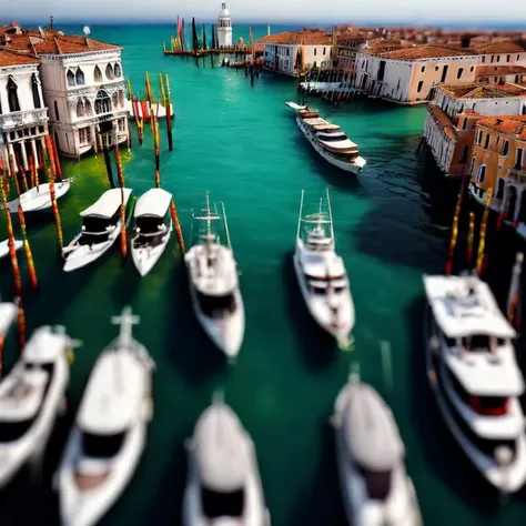 a tilt-shift drone photograph at 550 ft of a fleet of yachts in a body of water, tilt shift photography, venice, fantasy. miniature city, cinematic close shot, interesting angle, CHV3STilt, <lyco:Tilt Shift LoHa:1.0>, perfect composition, Professional, masterpiece, commissioned, best quality, Color Corrected, fixed in post, emended, ameliorated, idyllic