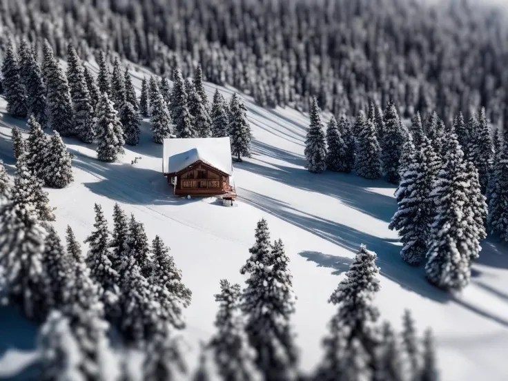 a tilt-shift photograph of an aerial view of a small cabin in the middle of a snowy mountain forest,isolated, perspective shot from the sky, winter setting, CHV3STilt, <lyco:Tilt Shift LoHa:1.0>, perfect composition, Professional, masterpiece, commissioned, best quality, Color Corrected, fixed in post, emended, ameliorated, idyllic