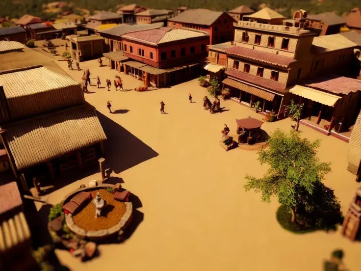 a tilt-shift overhead view of a cowboy town in a spaghetti western film, RTS video game screenshot, CHV3STilt, <lyco:Tilt Shift LoHa:1.0>, perfect composition, Professional, masterpiece, commissioned, best quality, Color Corrected, fixed in post, emended, ameliorated, idyllic