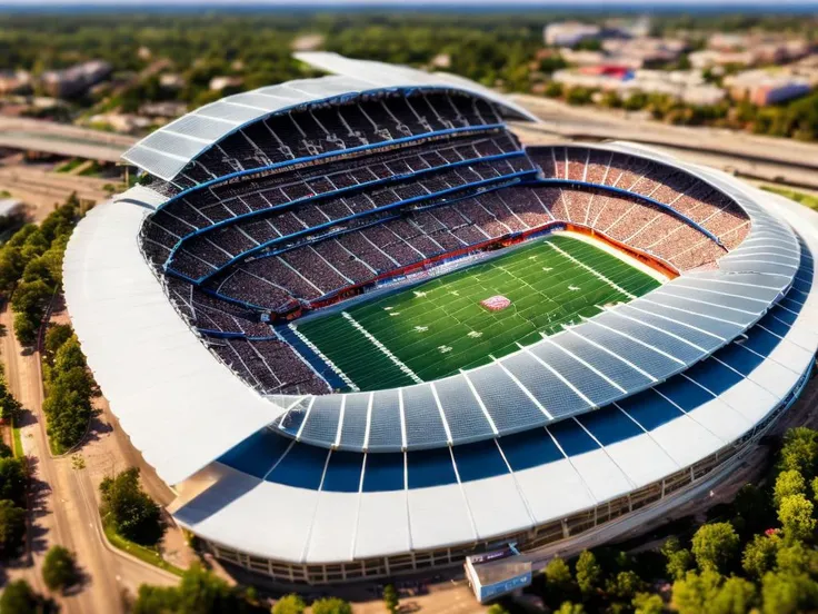 a tilt-shift photograph of an aerial view of the panthers stadium in Charlotte North Carolina, cinematic medium shot, CHV3STilt, <lyco:Tilt Shift LoHa:1.0>, perfect composition, Professional, masterpiece, commissioned, best quality, Color Corrected, fixed in post, emended, ameliorated, idyllic