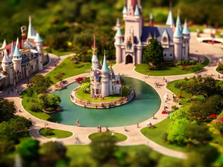 a tilt-shift overhead view of disney world, RTS video game screenshot, CHV3STilt, <lyco:Tilt Shift LoHa:1.0>, perfect composition, Professional, masterpiece, commissioned, best quality, Color Corrected, fixed in post, emended, ameliorated, idyllic