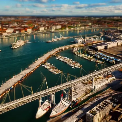 a tilt-shift photograph of an aerial view of an industrial harbor town by a large body of water, London in the 1800's, amazing view, shot from a drone, inspiring birds eye vista view, CHV3STilt, <lyco:Tilt Shift LoHa:1.0>, perfect composition, Professional, masterpiece, commissioned, best quality, Color Corrected, fixed in post, emended, ameliorated, idyllic