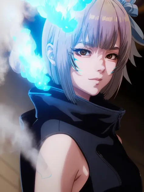 xat, best quality, smoke, blue flames, foreshortening, looking at viewer, illustration, official art, (detailed skin, masterpiece, absurdres, hd) <lora:xat:1>