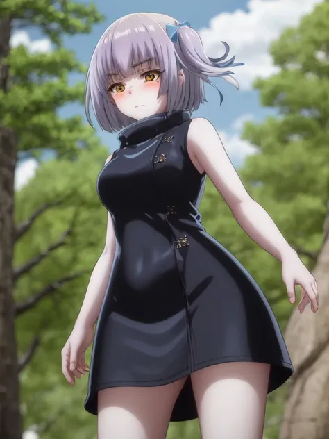 (best quality, masterpiece, absurdres, from below), xat, (cowboy shot), side ponytail, frown, standing, forest, blush <lora:xatf:1>