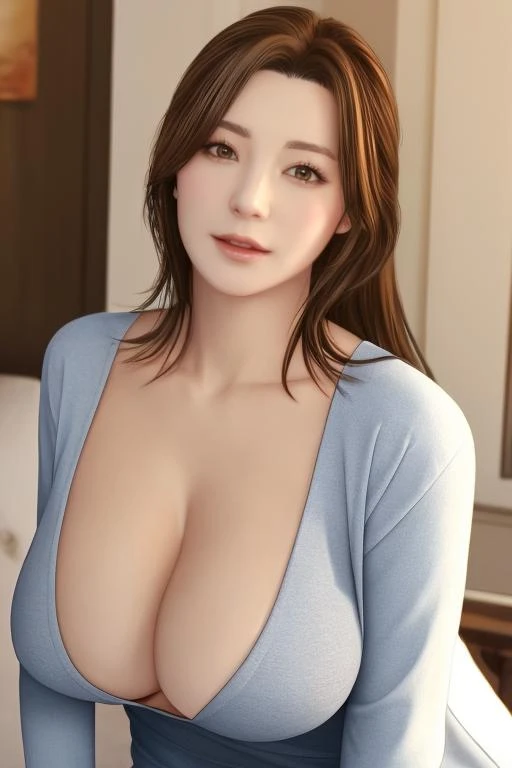 masterpiece,best quality,absurdres,photorealistic,mature female,sagging breasts,<lora:dailin:0.6>, brown_hair,long_hair,brown_eyes,cleavage,