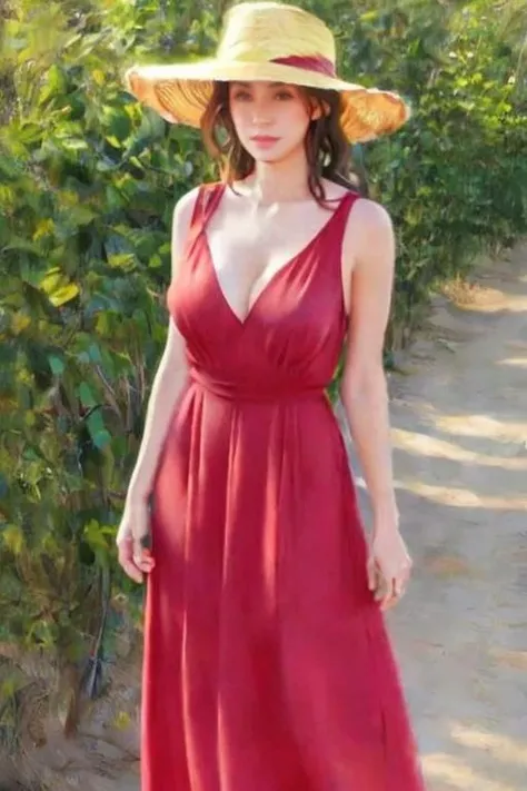 masterpiece,best quality,absurdres,photorealistic,mature female,sagging breasts,<lora:dailin:0.6>,brown_hair,long_hair,brown_eyes,cleavage,long dress,sun hat,