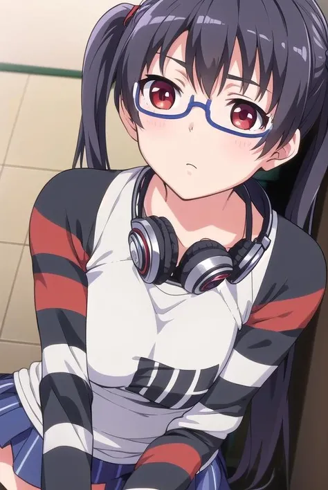 iorikousaka, <lora:iorikousaka-lora-nochekaiser:1>,
iori kousaka, black hair, twintails, glasses, (red eyes:1.5),
BREAK skirt, thighhighs, pantyhose, (striped sleeves:1.5), shirt, headphones, t-shirt, clothes writing, semi-rimless eyewear, headphones around neck, raglan sleeves,
BREAK looking at viewer,
BREAK indoors,
BREAK <lora:GoodHands-vanilla:1>, (masterpiece:1.2), best quality, high resolution, unity 8k wallpaper, (illustration:0.8), (beautiful detailed eyes:1.6), extremely detailed face, perfect lighting, extremely detailed CG, (perfect hands, perfect anatomy),