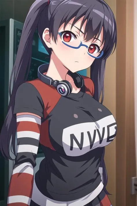 iorikousaka, <lora:iorikousaka-lora-nochekaiser:1>,
iori kousaka, black hair, twintails, glasses, (red eyes:1.5),
BREAK skirt, thighhighs, pantyhose, (striped sleeves:1.5), shirt, headphones, t-shirt, clothes writing, semi-rimless eyewear, headphones around neck, raglan sleeves,
BREAK looking at viewer,
BREAK indoors,
BREAK <lora:GoodHands-vanilla:1>, (masterpiece:1.2), best quality, high resolution, unity 8k wallpaper, (illustration:0.8), (beautiful detailed eyes:1.6), extremely detailed face, perfect lighting, extremely detailed CG, (perfect hands, perfect anatomy),