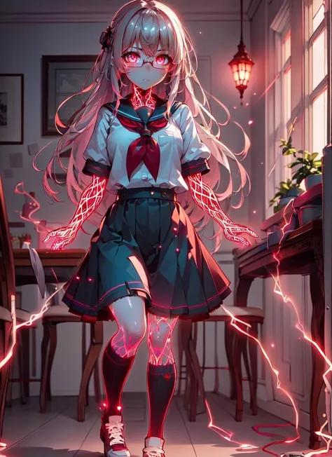 ((best quality)), ((highly detailed)), absurdres, (detailed eyes, deep eyes), (1girl), (glasses), from beside, dynamic pose, full body, ((wide shot)), ((kneehighs)), schoolgirl, (inside, in a dining room), <lora:glowingveins-v1:1>, glowingveins, glowing veins, red theme, glowing eyes, electricity