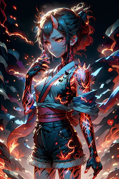 <lora:glowingveins-nvwls-v1:1> glowingveins, red theme, <lora:0n1 - RedOni:0.45> 0n1, oni horns, oni, red oni, colored skin, red skin, <lora:ragingstorm-nvwls-v1:0.9> ragingstorm, lightning,, ultra detailed, masterpiece, best quality, aesthetic, detailed,, solo, frown,
1girl, red eyes, <lora:Tsurime3:1>, (tsurime, brown hair:1.2), medium hair, (asymmetrical bangs, swept bangs, cowlick:1.35), flipped hair, <lora:foldedponytail:0.8> foldedponytail, folded ponytail, (small breasts:1.3),, fingerless gloves, shimenawa hair tie, sleeveless turtleneck, crop top, groin, (shimenawa:1.3), (shimenawa sash:1.3), (overskirt:1.2), shorts, flats, bandages, bandaged arm, bare legs, navel,