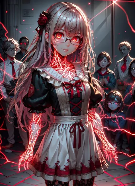 ((best quality)), ((highly detailed)), masterpiece, absurdres, extremely detailed face, beautiful face, (detailed eyes, deep eyes), <lora:more_details:.3>, (1girl), (glasses), fisheye lense, dynamic pose, cowboy shot, ((puffy short sleeves)), girl next door, friendly, smiling, (inside, in a court room), <lora:glowingveins-v1:1>, glowingveins, glowing veins, red theme, glowing eyes, electricity