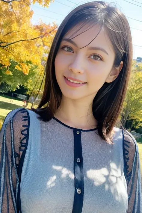 1girl,(wearing a blouse:1.2),(RAW photo, best quality), (realistic, photo-realistic:1.4), masterpiece, an extremely delicate and beautiful, extremely detailed, 2k wallpaper, Amazing, finely detail, extremely detailed CG unity 8k wallpaper, ultra-detailed, highres, soft light, beautiful detailed girl, extremely detailed eyes and face, beautiful detailed nose, beautiful detailed eyes,cinematic lighting,at a park,ginkgo trees in autumn,perfect anatomy,slender body,smiling <lora:lynnV2_lora:0.8>