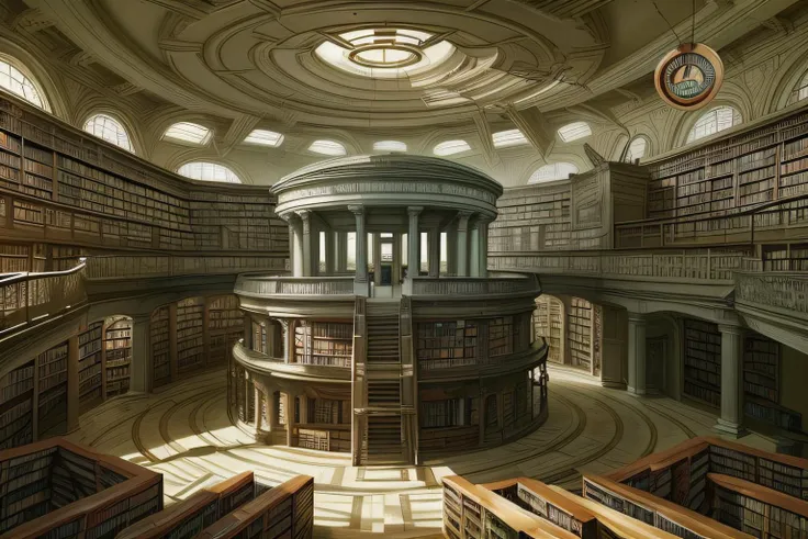 <lora:NostalgiaForAPlace:1> nostalgiaforaplace, the absurd library of the surreal, interior, circular