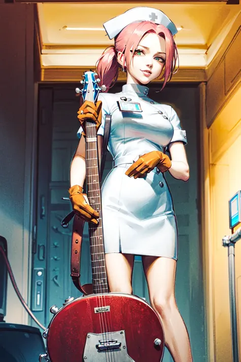 (masterpiece, best quality:1.2), haruko, flcl, nurse outfit, holding, red bass guitar, 1girl, solo, smirk, nurse outfit, large lips, ponytail, bangs, white nurse hat, white nurse outfit, surgical gloves <lora:HARUKO-15:0.8>