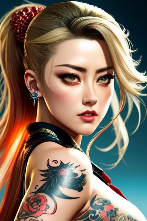 AmberHeard as a yakuza girl with tatoos. 3d illustration concept art by akihiko yoshida and gil elvgren, detail portrait, technicolor anime background, sharp focus, detailed face, detailed eyes, hyper realistic, <lora:AmberHeard:0.9>