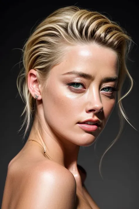 AmberHeard, full color portrait of woman, (oiled shiny skin:1.0), face close up, (undercut hair:1.1), nude,
masterpiece, best quality, sharp focus, highres 8k uhd, ultra-detailed, rim light, deep grey background,
<lora:AmberHeard:0.6>