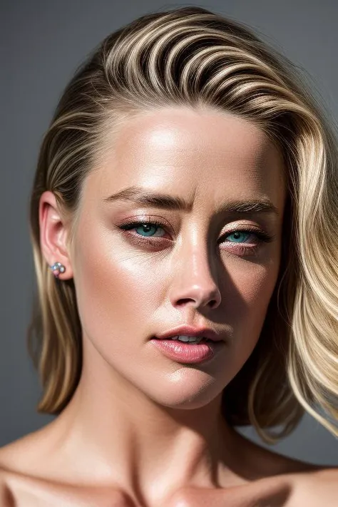 AmberHeard, full color portrait of woman, (oiled shiny skin:1.0), face close up, (undercut hair:1.0), nude,
masterpiece, best quality, sharp focus, highres 8k uhd, ultra-detailed, rim light, deep grey background,
<lora:AmberHeard:0.8>