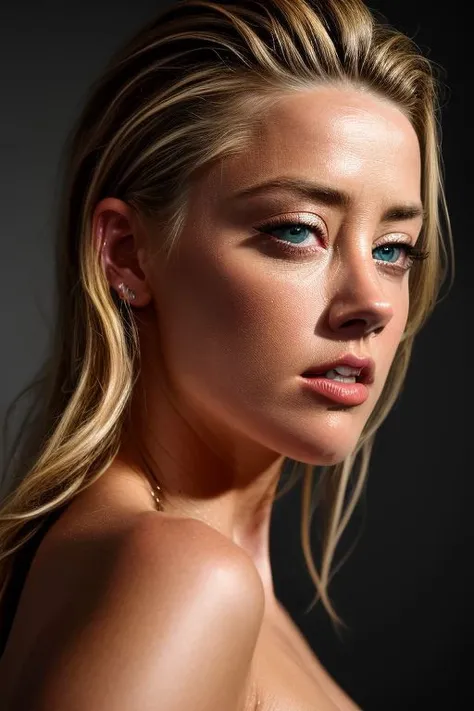 AmberHeard, full color portrait of woman, (oiled shiny skin:1.0), face close up, (undercut hair:1.0), nude,
masterpiece, best quality, sharp focus, highres 8k uhd, ultra-detailed, rim light, deep grey background,
<lora:AmberHeard:0.8>